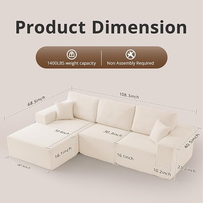 108" L-Shaped Boneless Couch, High Seat Modular Sectional Sofa with Moveable Ottoman, Corduroy Cloud Couches for Living Room, No Assembly, Ship in a Box, White