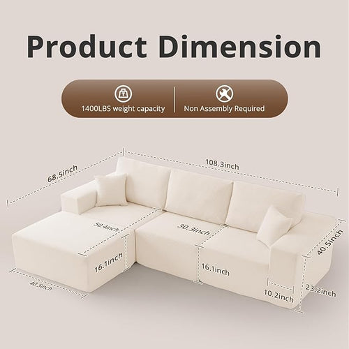 108" L-Shaped Boneless Couch, High Seat Modular Sectional Sofa with Moveable Ottoman, Corduroy Cloud Couches for Living Room, No Assembly, Ship in a Box, White
