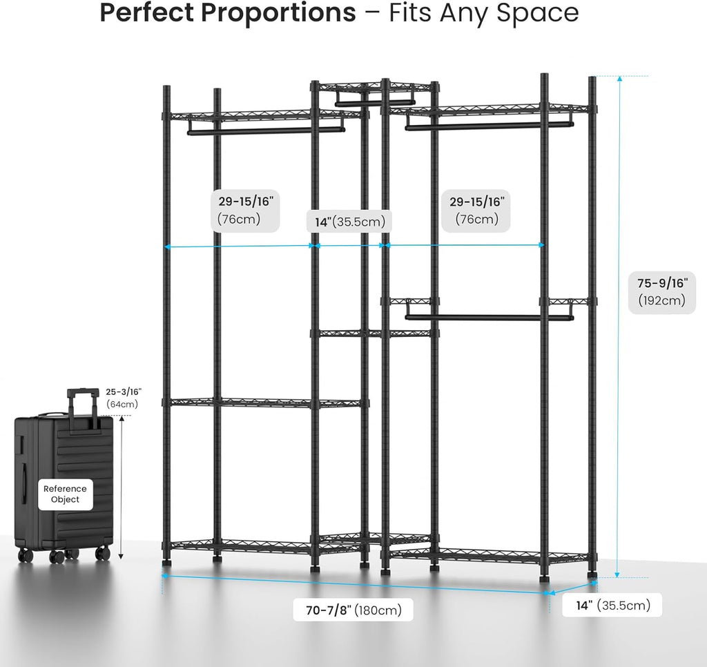 Garment Rack Heavy Duty Clothes Rack Adjustable Freestanding Metal Portable Wardrobe Closet Rack with Shelves for Hanging Clothes - 72" L x 14" W x 75" H, Black