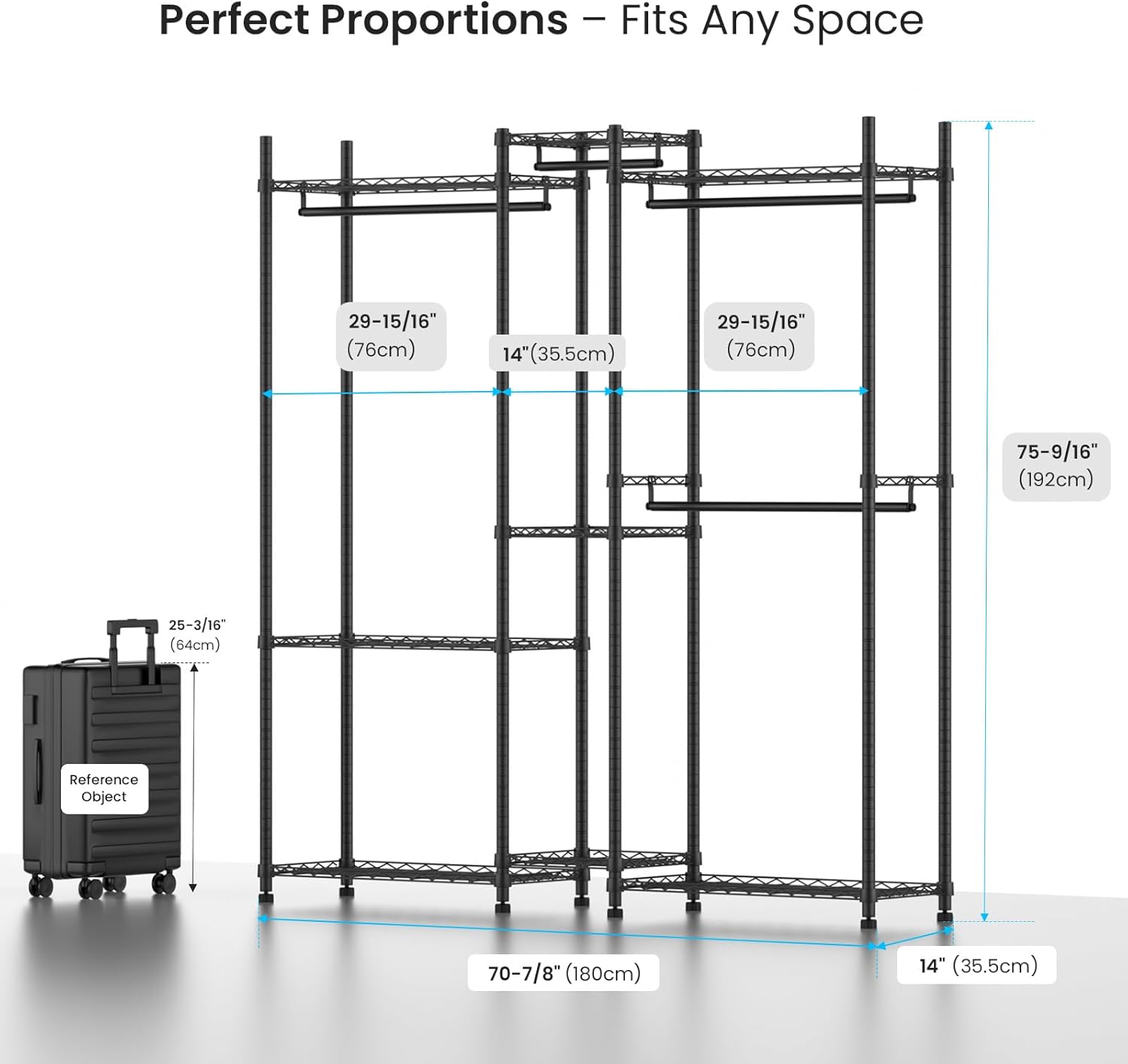Garment Rack Heavy Duty Clothes Rack Adjustable Freestanding Metal Portable Wardrobe Closet Rack with Shelves for Hanging Clothes - 72" L x 14" W x 75" H, Black