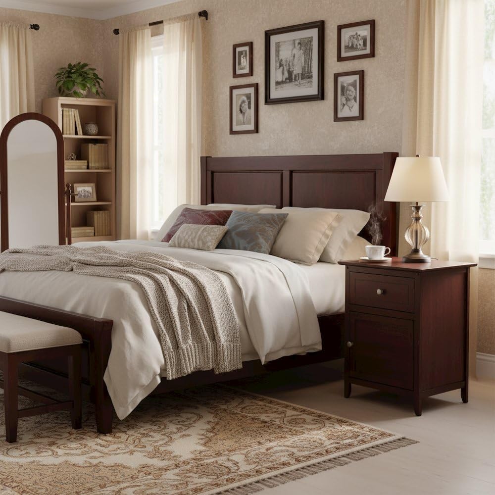 Furnifact Farmhouse End Table in Solid Wood Walnut Finish, Wooden Nightstand ...