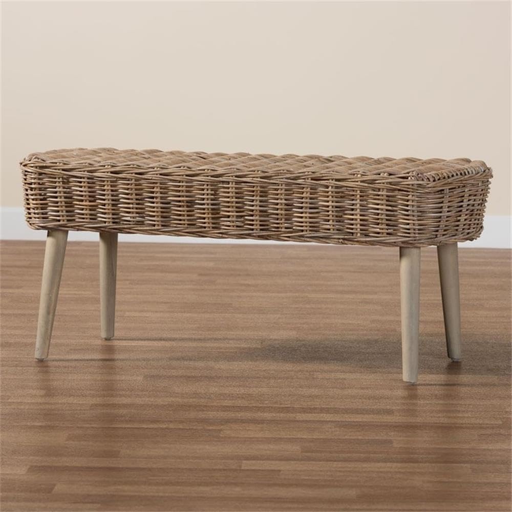 bali & pari Raisa Natural Kubu Rattan and Gray Acacia Wood Accent Bench