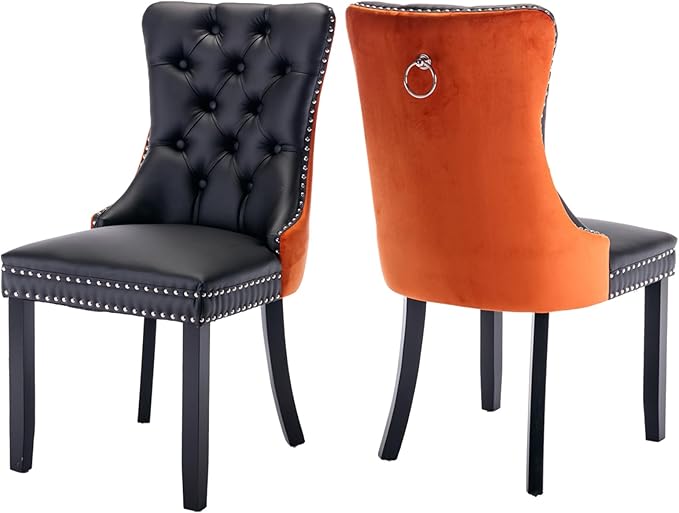 Dining Chairs Set of 2, Upholstered Tufted Dining Room Chairs with High Back, Nailhead Trim and Solid Wood Legs, Modern Dinning Chairs for Dining Room, Black Pu Leather Splicing Orange Velvet