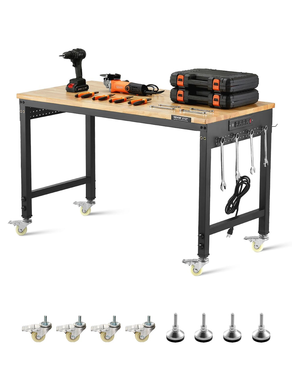 VEVOR Adjustable Workbench, 48-Inch Work Bench with Power Outlet, Wheels, and Pegboard, 2000 lbs Load Heavy Duty Oak Wood Top Work Table for Garage, Workshop, Office, and Home