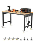 VEVOR Adjustable Workbench, 48-Inch Work Bench with Power Outlet, Wheels, and Pegboard, 2000 lbs Load Heavy Duty Oak Wood Top Work Table for Garage, Workshop, Office, and Home