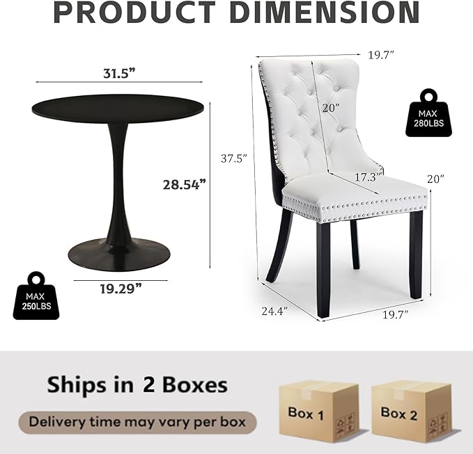 3-Pieces 31.5" Round Dining Table Set for 2, Black Dining Table & PU & Velvet Upholstered Dining Chairs Set of 2 for Kitchen Dining Room Apartment Small Space(Black & White Chairs)