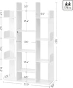 VASAGLE Bookshelf, Tree-Shaped Bookcase with 13 Storage Shelves, Rounded Corners, 9.8”D x 33.9”W x 55.1”H, White ULBC067W01