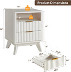 Fluted Nightstand - 24" Modern Bedside Table w/ 2 Drawers, Wood Bed Side End Table with Open Shelf, Night Stand with Storage Drawer, Curved Design Night Stands for Bedroom Living Room (White)