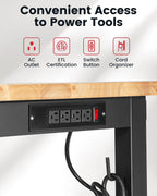 60 Inch Workbench for Garage Adjustable Height Work Bench with Pegboard Power Outlets Rubber Wood Tabletop Work Table for Cutting Wood Woodworking Shop Home Office Electronic