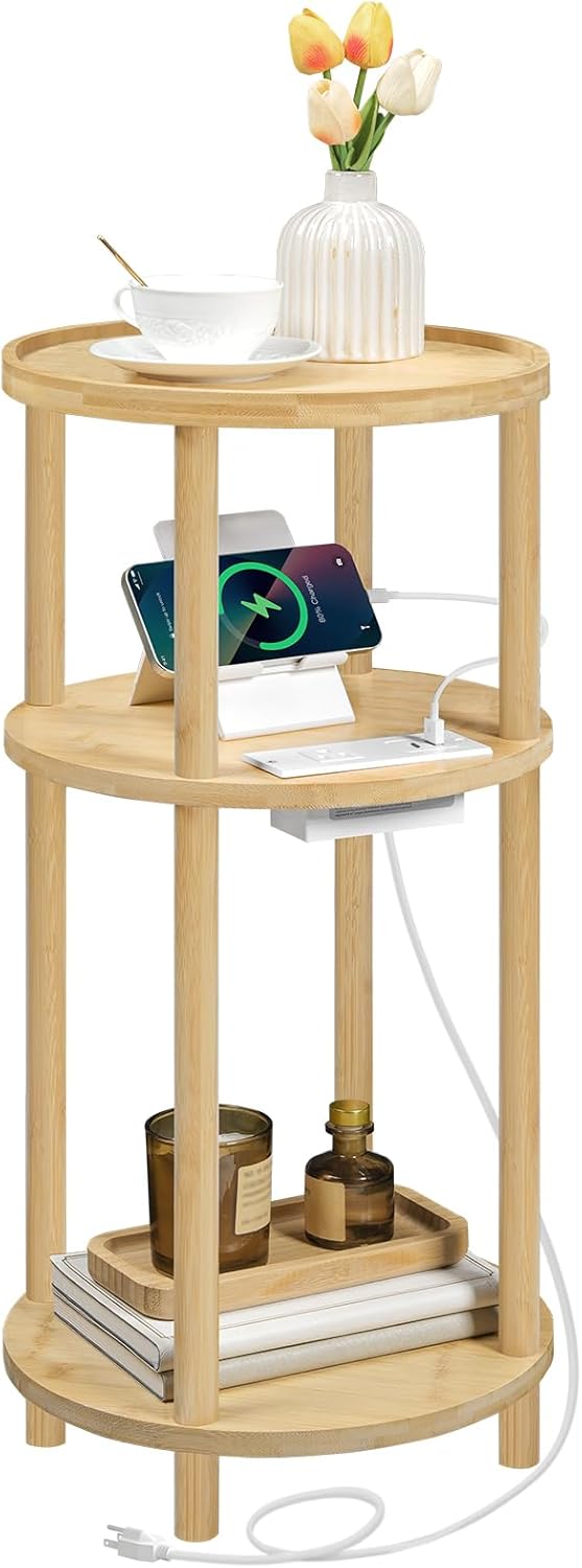 HOOBRO Small Round Side Table with Charging Station, 3-Tier Round Bamboo End ...