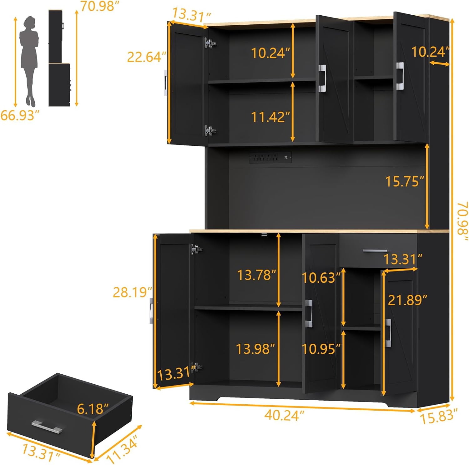 71" Tall Kitchen Pantry Storage Cabinet with Charging Station,Farmhouse Buffet Cabinet with Microwave Shelf,Large Kitchen Hutch Cabinet Doors & Drawer,Food Pantry for Dining Room,Living Room (Black)