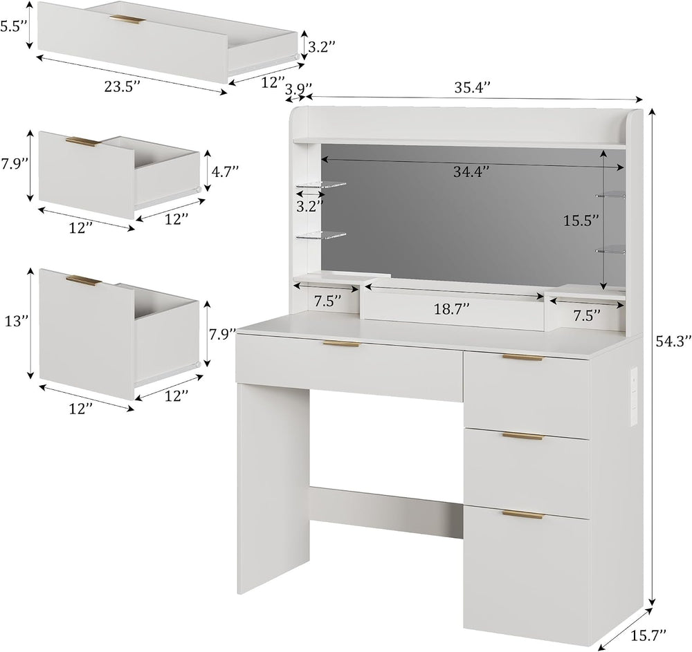HUAHUU Vanity Desk with Large Mirror, 35.4" Makeup Vanity with LED Light...