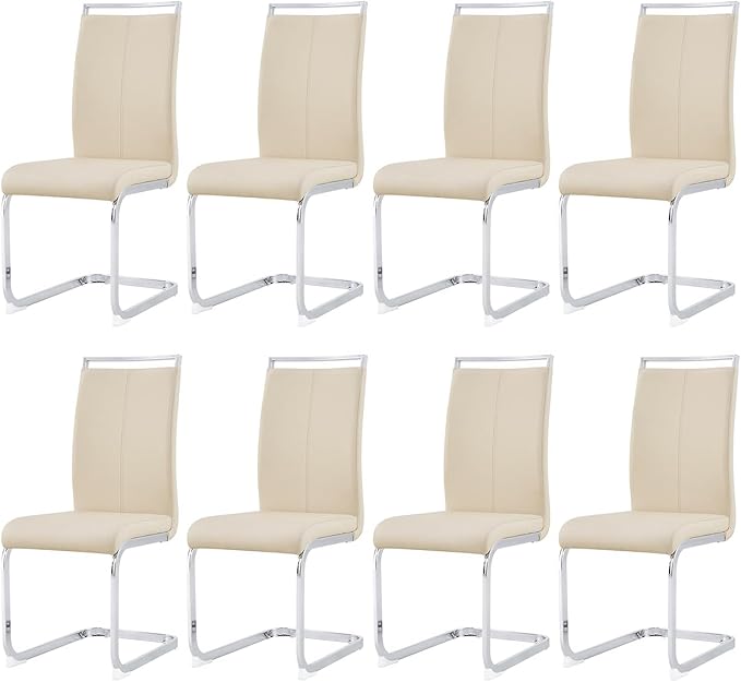 AZmac Modern Leather Dining Chairs Set of 8,Armless Kitchen Chairs,Dining Room Chairs with Upholstered Padded Seat and Sturdy Chrome Legs for Dining Room,Kitchen (Set of 8, Beige)