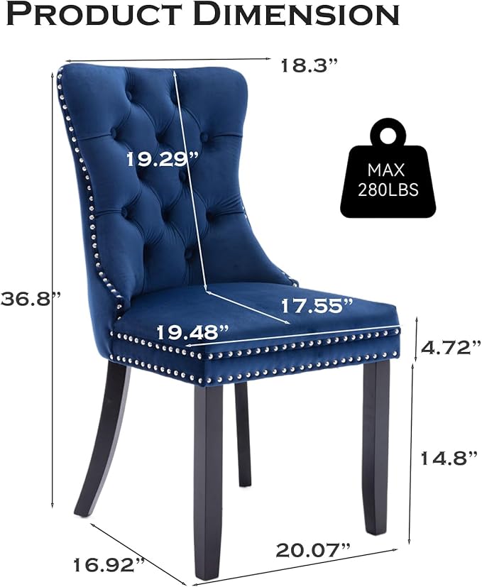 Velvet Upholstered Dining Chairs Set of 6, Modern Style Kitchen Side Chairs with Nailhead Trim and Wood Legs,Metal Pulling Ring for Dining Room Living Room(Blue,Set of 6)