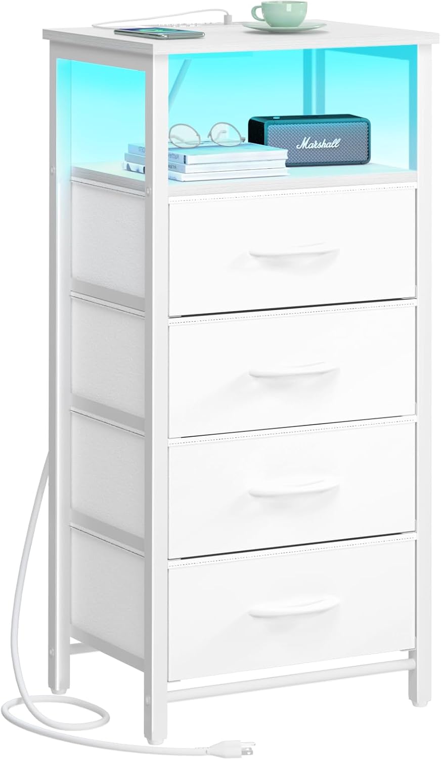 Yoobure Night Stand - LED White Nightstand with Charging Station, Bedside Tab...