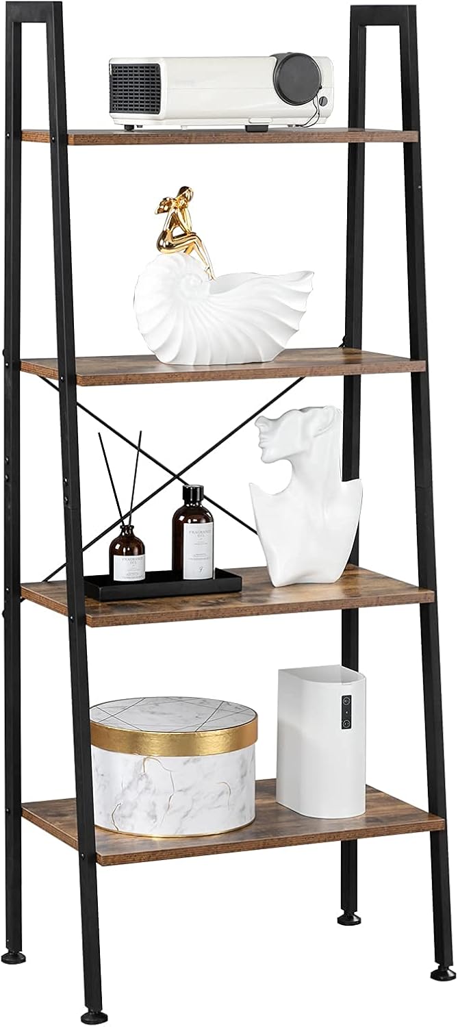 VINGLI Ladder Shelf 4-Tier Industrial Bookcase Free Standing Ladder Bookshelf with Metal Frame and Rustic Wood Plant Storage Shelf for Office, Living Room, Kitchen, Bedroom, Bathroom