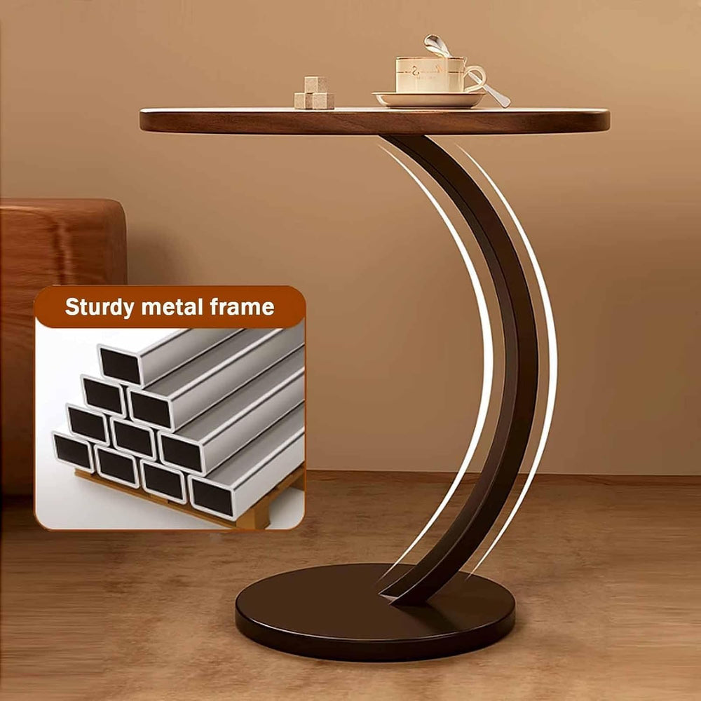 C-Shaped Side Table, Round End Table with Wooden Top & Metal Frame, Compa...