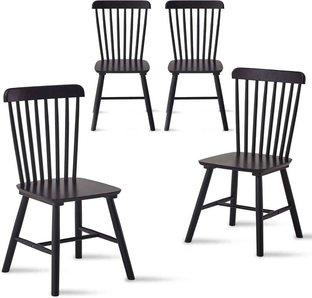 Black Windsor Dining Chairs Set of 6, Solid Wooden Dining Chairs, Spindle Bac...