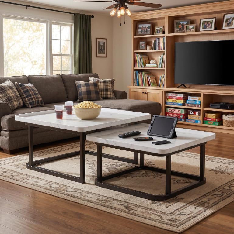 Set of 2 Nesting Coffee Tables, Space‑Saving Square Side Table Set, White | S...
