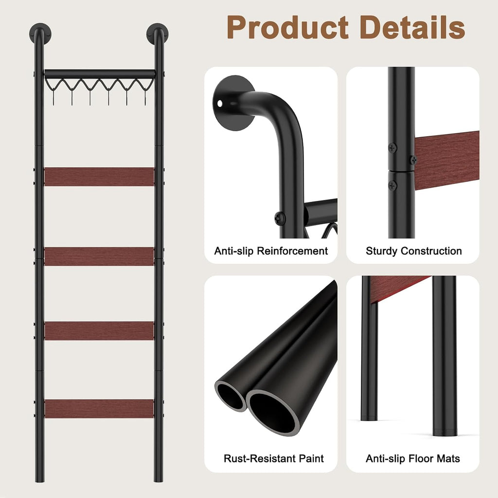 Wooden Blanket Ladder, Wall-Leaning Blanket Rack, 5 Tier Ladder Shelf, 5.6 ft Blanket Holder, Decorative Display Ladder Shelf for Storage and Home Decor, Rustic Brown and Black