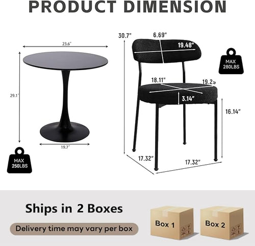 3-Pieces 24" Small Round Dining Table and Dininig Chair Set for 2,MDF Table Top and Heavy Metal Base Leg for Dining Room Apartment Small Space,Boucle Fabric, Black