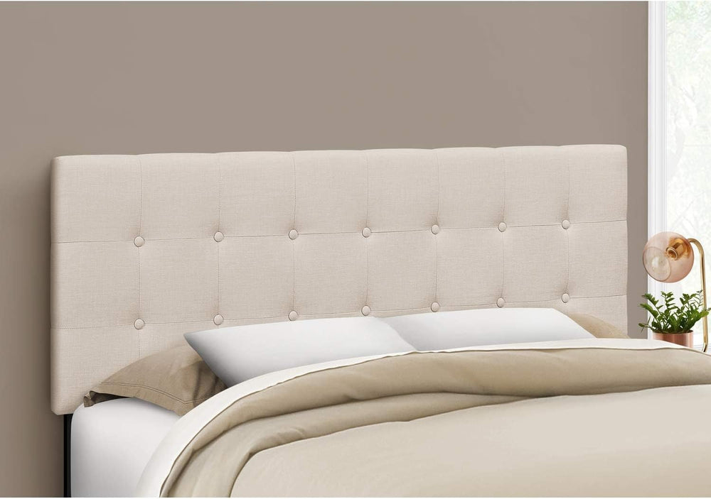 BOWERY HILL Queen Upholstered Headboard, Beige Linen-Look Fabric, Button-Tuft...