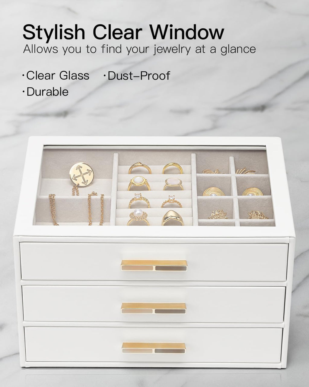 VLANDO Jewelry Box for Women, Glass Lid Jewelry Organizer with 3 Drawers for Necklaces Rings Earrings Bracelets Christmas Gift - White