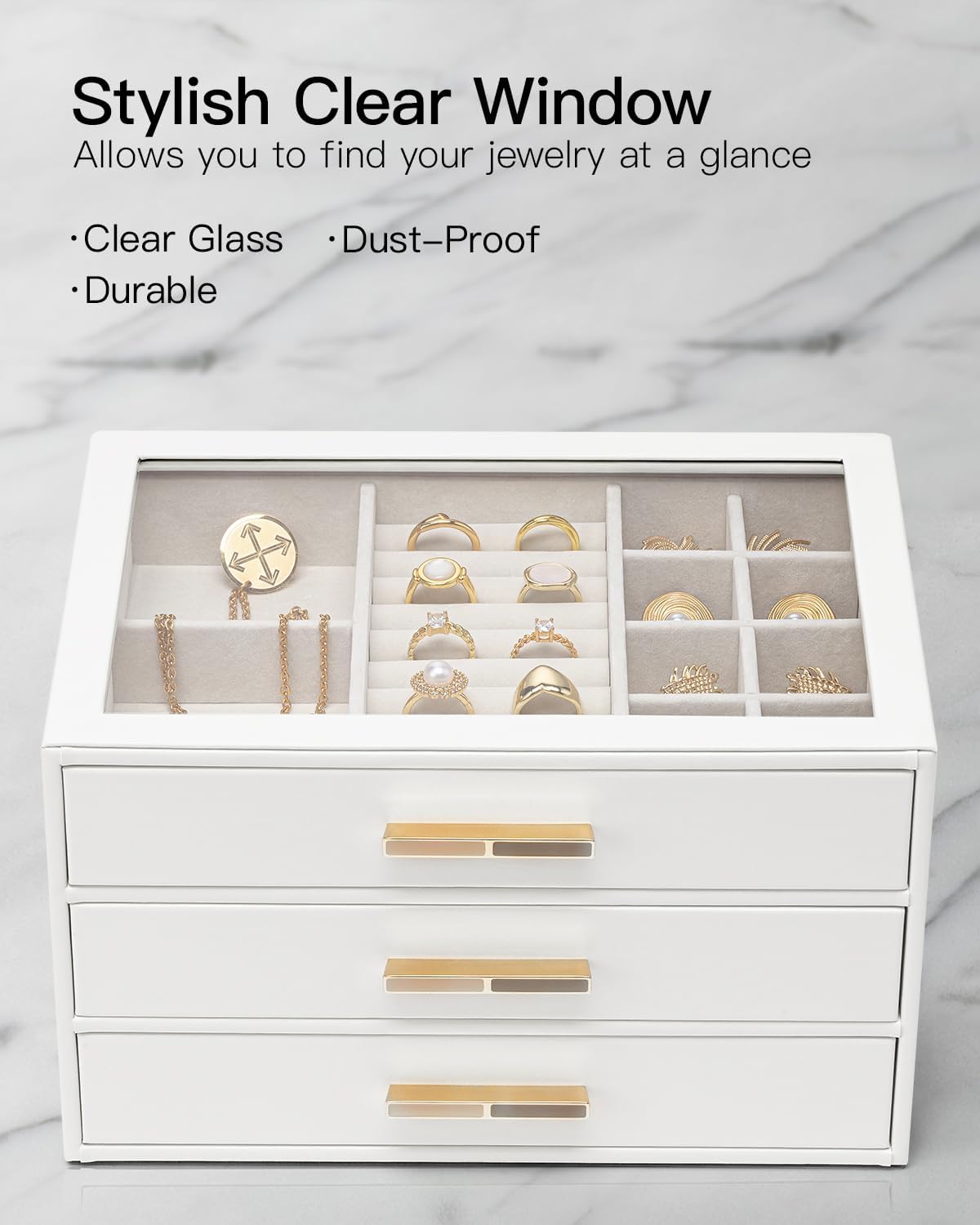 VLANDO Jewelry Box for Women, Glass Lid Jewelry Organizer with 3 Drawers for Necklaces Rings Earrings Bracelets Christmas Gift - White