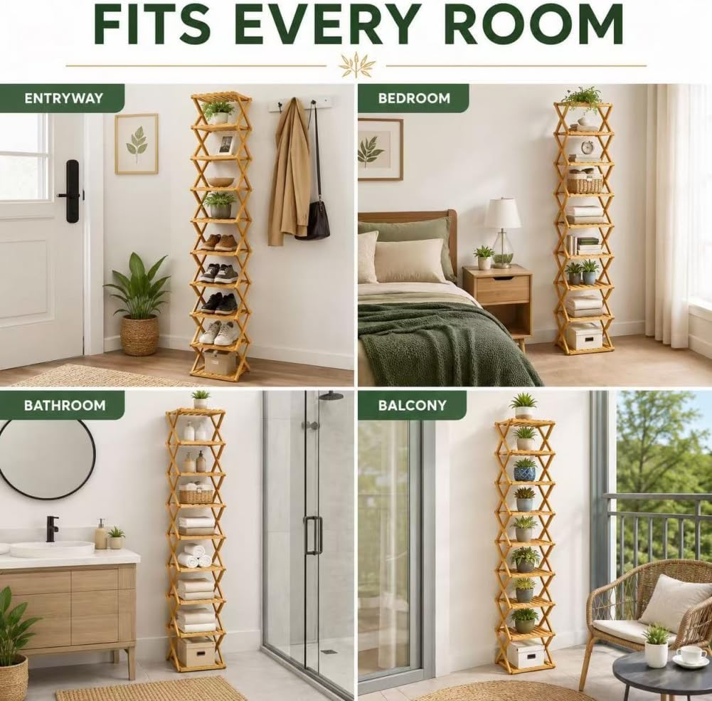 8/9/10-Tier Folding Shoe Rack| Bamboo Wooden Shoe Organizer| Entryway Bedroom Shoe Shelf| Ventilated & Space-Saving