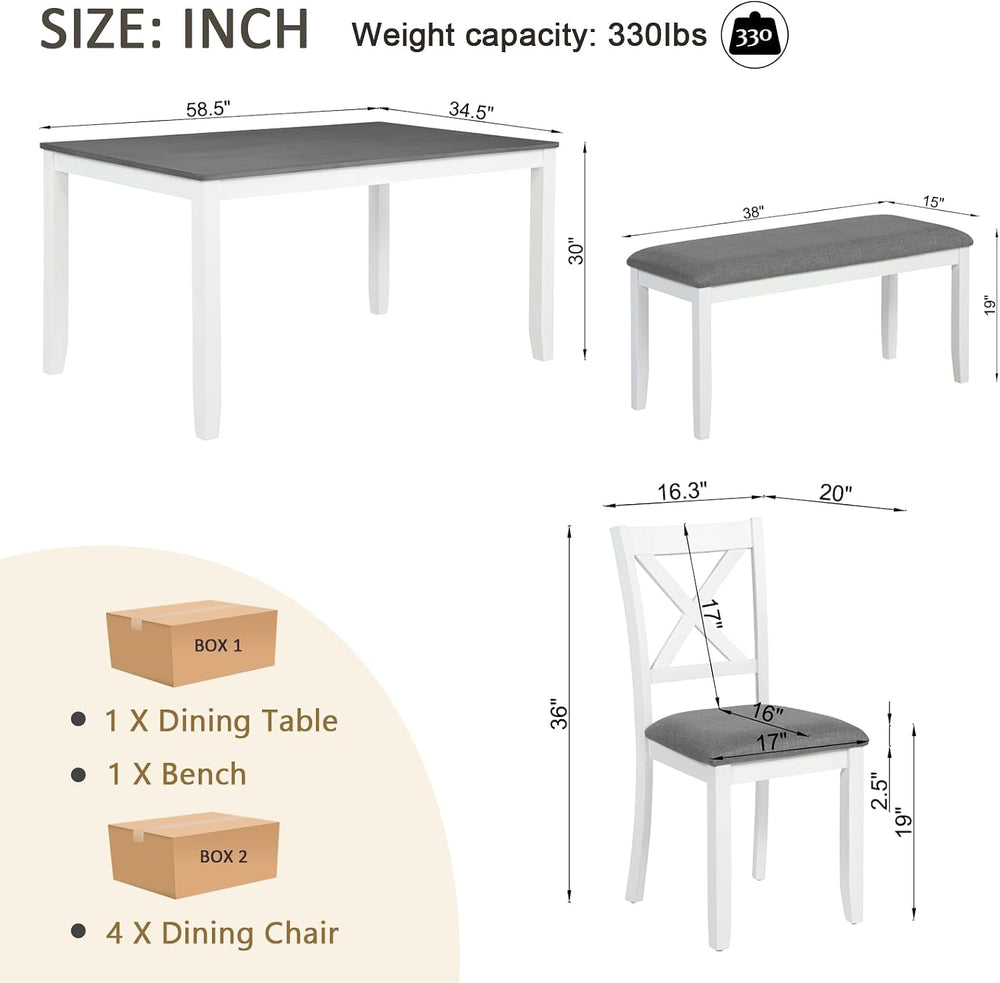 Merax 6-Piece Farmhouse Dining Table Set with Chairs and Bench, Wood Kitchen ...