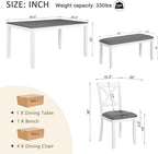 KEIKI 6-Piece Standard Height Dining Table Set with Rectangular Table, 4 Upholstered Chair, Bench, for 6 Person, Modern Style Wooden Table Set, Easy Assembly, for Kitchen, Dining Room, White+Gray