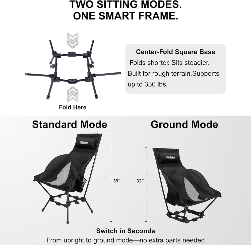 Wildhiker Compact High Back Camping Chair - Foldable with Dual Sitting Modes,...