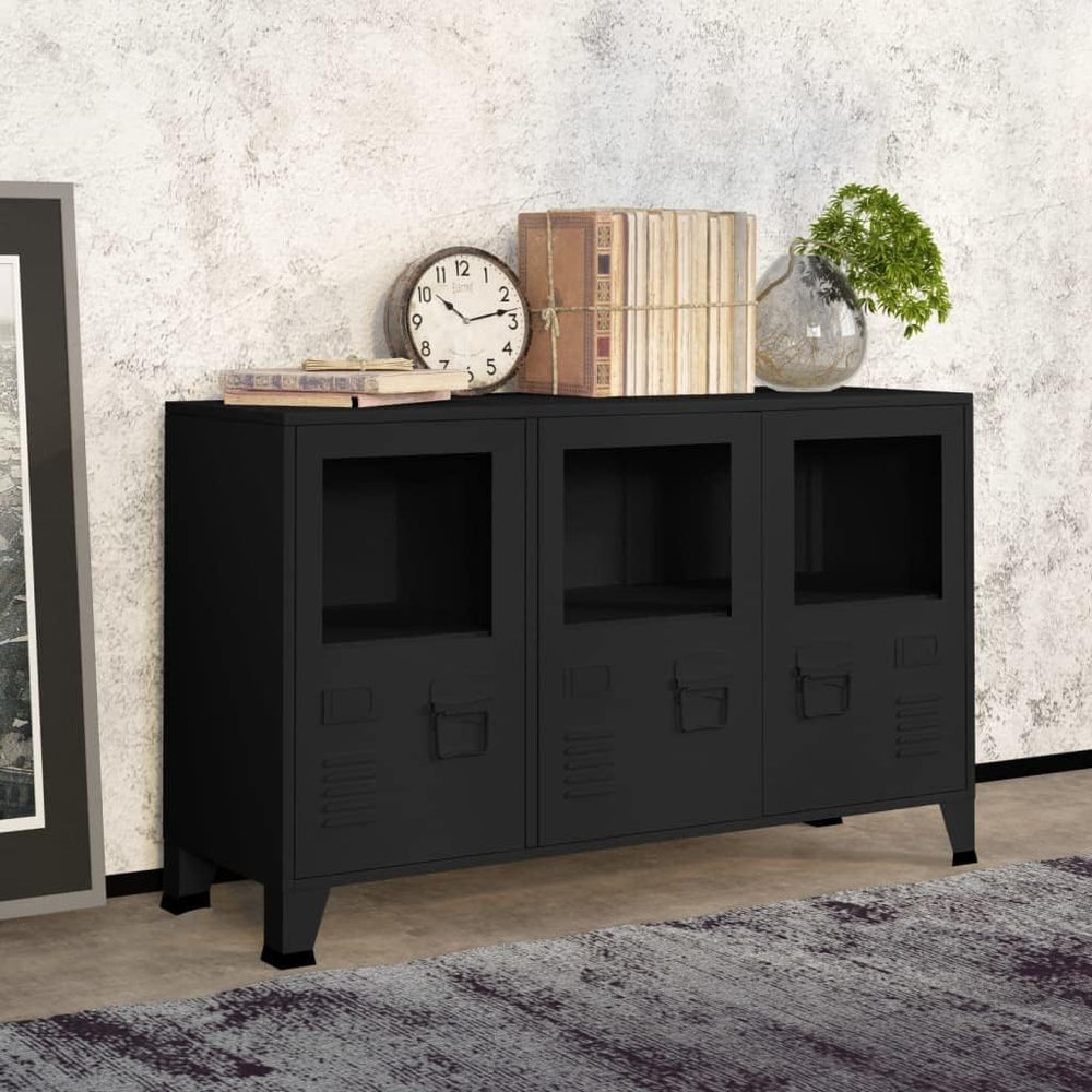 Industrial Metal and Glass Sideboard with Fixed Shelves, Modern Storage Cabin...