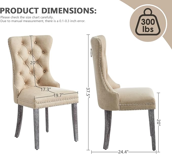Kiztir Leather Dining Chairs Set of 2, Upholstered Dining Chair with Nailhead Trim and Solid Wood Legs, Luxury Wingback Dining Side Chair for Living Room, Bedroom, Kitchen (Beige)