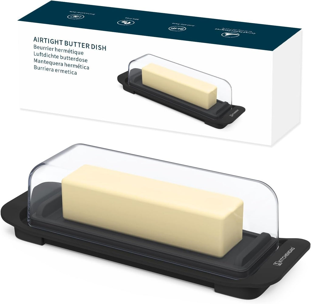 KITCHENDAO Airtight Butter Dish with Lid for Countertop and Refrigerator Door Shelf, Butter Keeper, Plastic Butter Holder Tray Container for West/East Coast Butter, Black