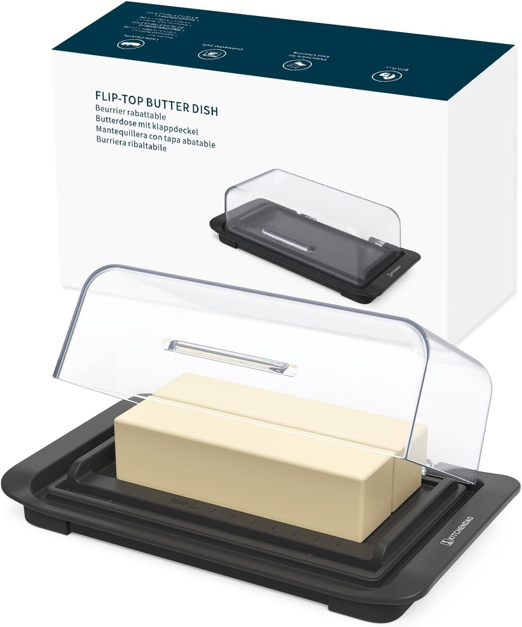 KITCHENDAO Airtight Flip-Top Butter Dish with Lid for Countertop and Refrigerator, Butter Keeper, Plastic Butter Holder Tray for 2 Sticks East Coast/West Coast/European Style/ Kerrygold Butter (Black)