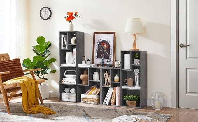 VECELO 3-Cube Small Bookshelf, Modern Bookcases with Shelves Height Up to 12.8 Inches, Suit for Common Size Textbook, Vertical or Horizontal, Cubby Storage Organizer,Grey