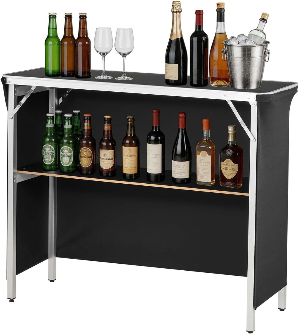VEVOR Folding Portable Bar Table, 43.3 x 15.4 x 34.6 in, with Carry Bag, Storage Shelf, and Detachable Skirt, Quick and Easy Setup, Foldable Mobile Bartending Station for Events, Party, Tradeshow