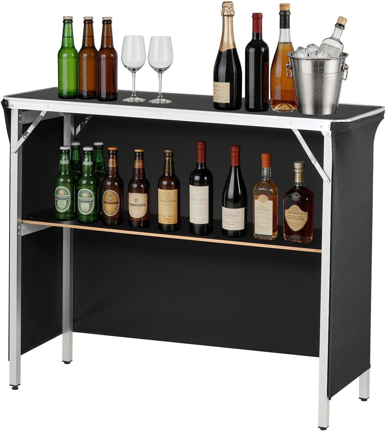 VEVOR Folding Portable Bar Table, 43.3 x 15.4 x 34.6 in, with Carry Bag, Storage Shelf, and Detachable Skirt, Quick and Easy Setup, Foldable Mobile Bartending Station for Events, Party, Tradeshow