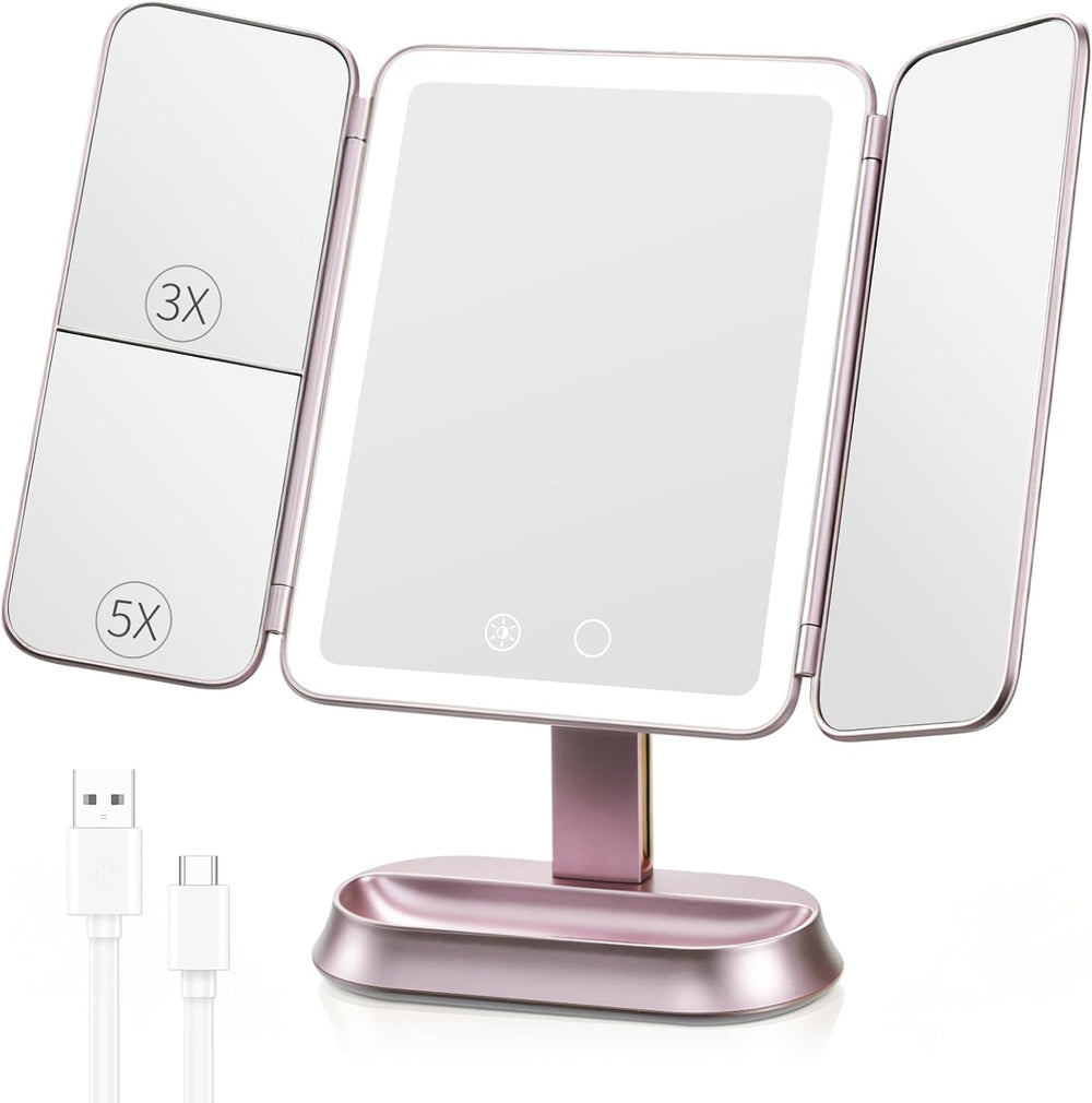 FRANO Lighted Makeup Mirror with 1X/3X/5X Magnification, Rechargeable Trifold...