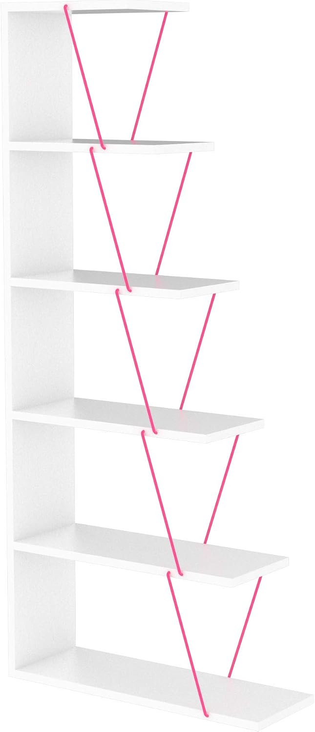 5 Tier Ladder Bookshelf Organizers, Narrow Bookshelf for Small Spaces Office Furniture Bookcase,White,Pink