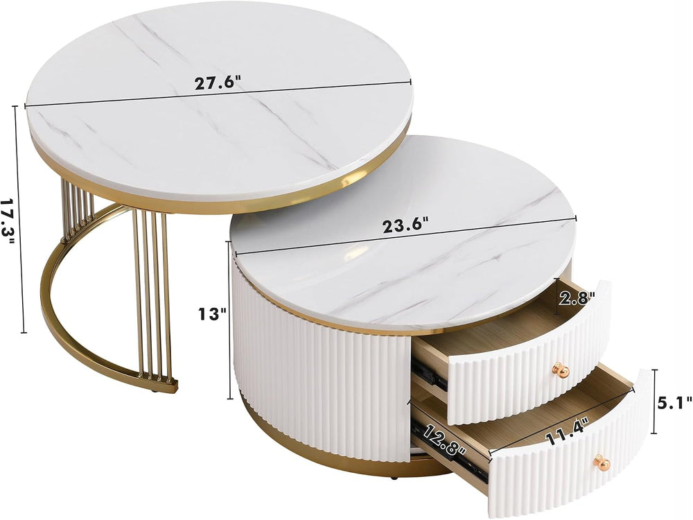 WILLIAMSPACE 27.6" Round Nesting Coffee Table with 2 Drawers, Modern Woo...