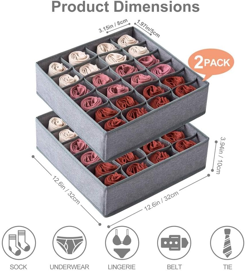 Qozary 2 Pack Socks Underwear Drawer Organizer Divider | 24 Cell, Collapsible, Cabinet Closet Organizer Storage Boxes, For Clothes, Socks, Lingerie, Underwear, Ties