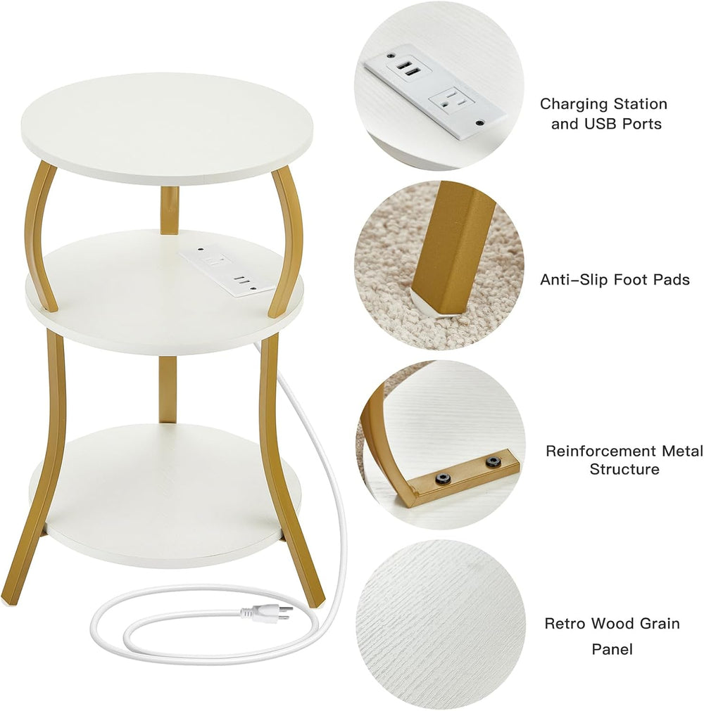 Small Round Side Table with Charging Station, 3-Tier Waist Circular End Table...