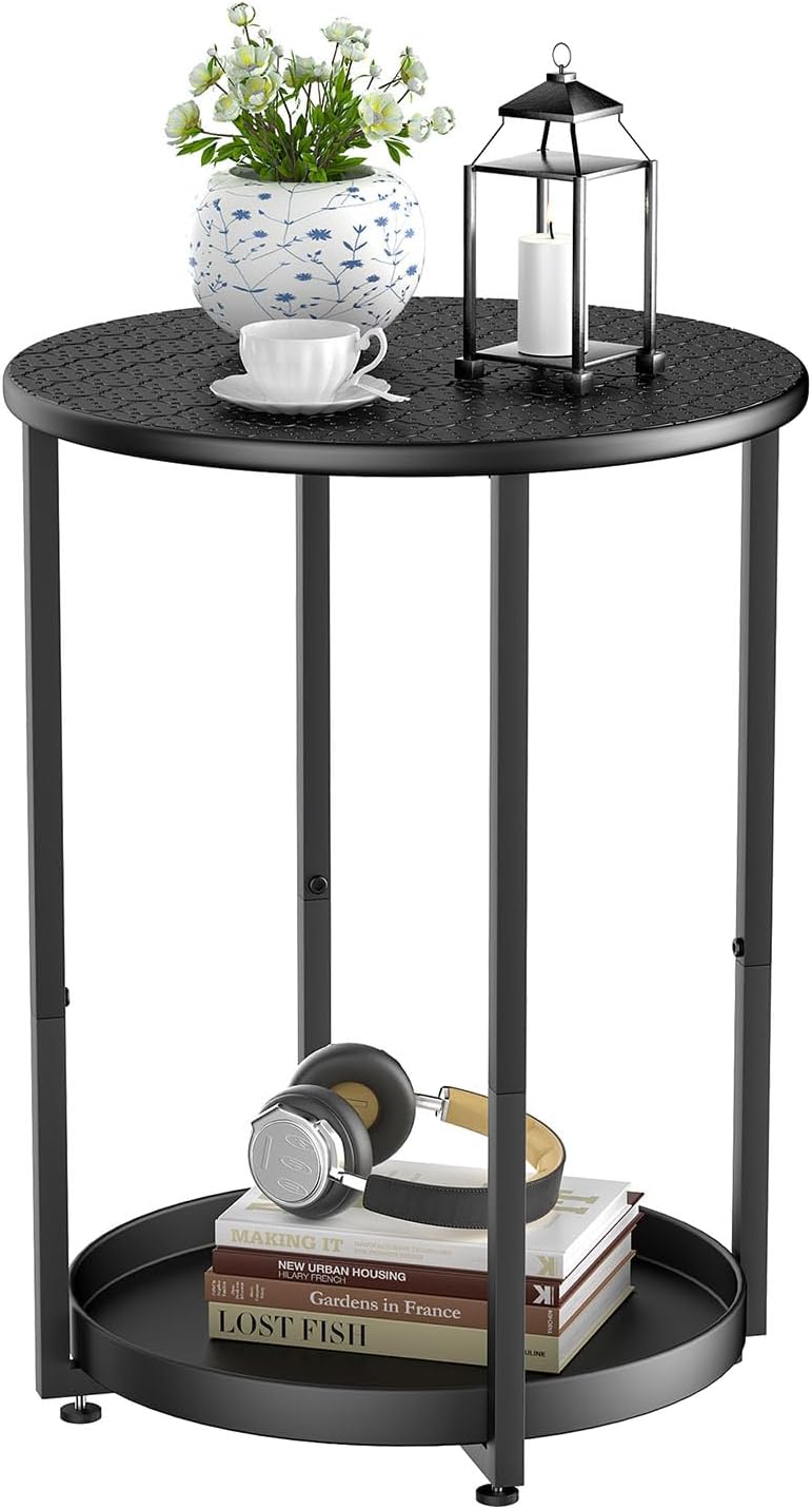 Small Round Side Table, 2 Tiers End Table, Nightstand with Metal Storage Shel...