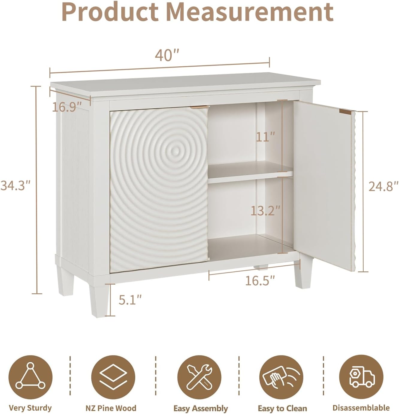 karlott Buffet Cabinet with Storage, Sideboard Accent Cabinet, Annual Ring | Distressed White, Pine Wood Frame, Craft Cabinet with Annual Ring Carved Motif, Sideboard Buffet for Kitchen, Living Room