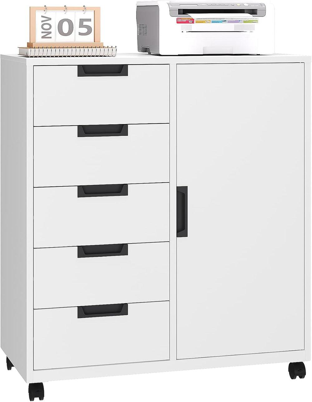 5-Drawer Metal Storage Cabinet with Adjustable Shelves and Wheels, Printer St...