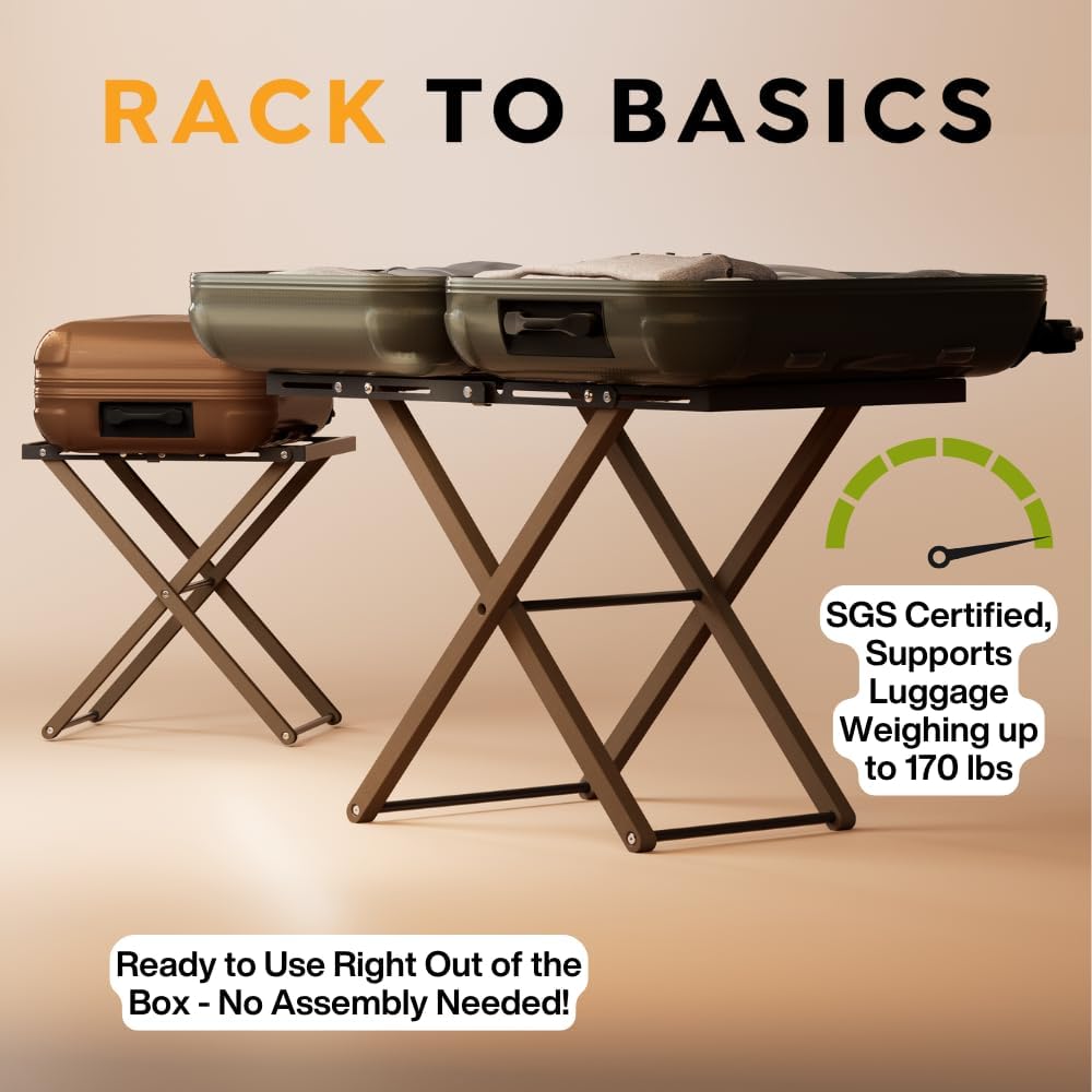 Luxury Expandable Luggage Rack for All Suitcase Sizes, Folding Stand Essential for Hotels, AirBnB, Guest Room; Extends 35” Inches, Holds up to 170 lbs, Durable Steel & Solid Wood, NO Assembly Required