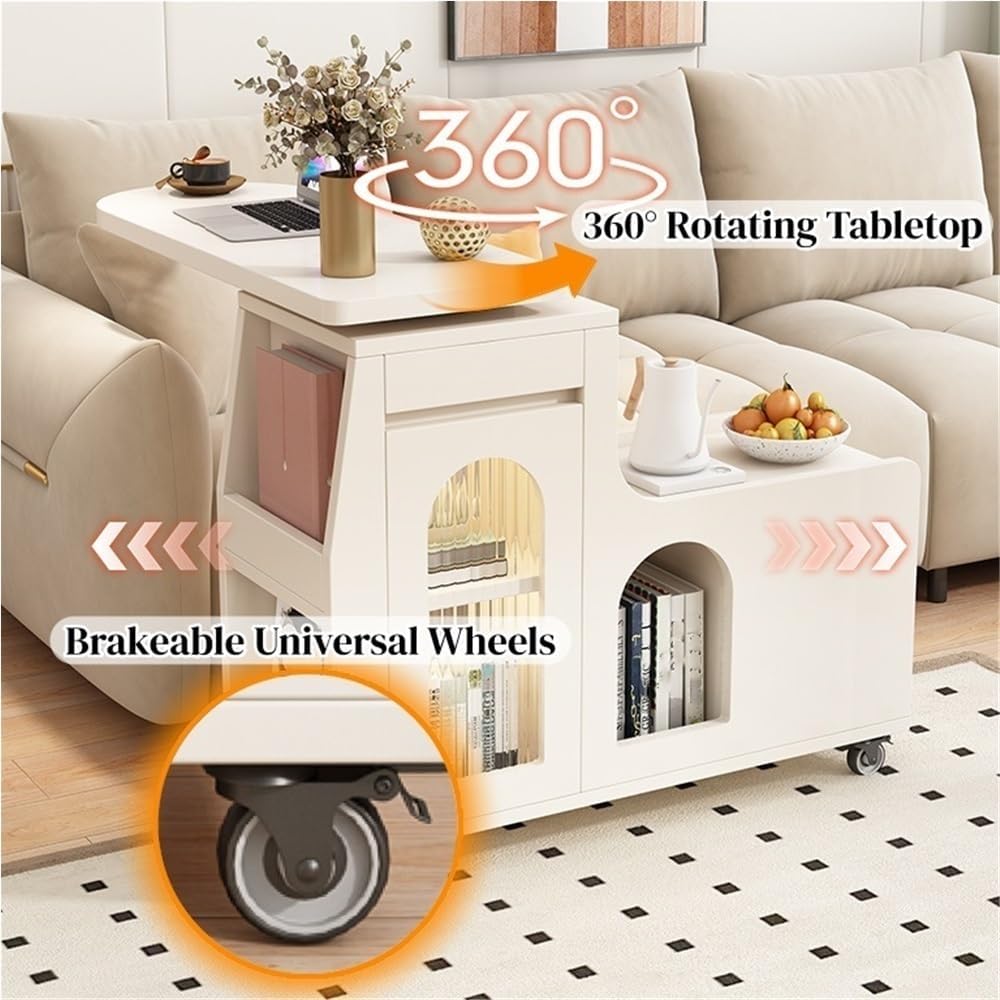 Swivel Trays Side Table with Storage, Mobile End Table on Lockable Wheels, Sp...