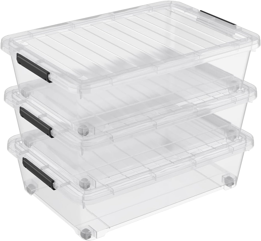 3 Packs 40 L Plastic Underbed Storage Containers with Lids, Clear Latching Bin Box with wheels
